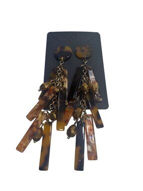 Tortoise Shell Resin Drop Earrings With Bead Accents For Women 4-Inch Length